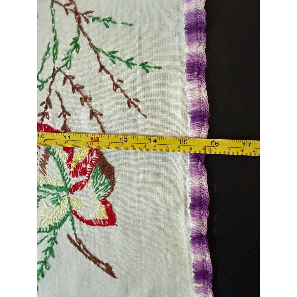 Vintage Hand Embroidered Floral Table Runner White Linen Purple Crochet Trim 38